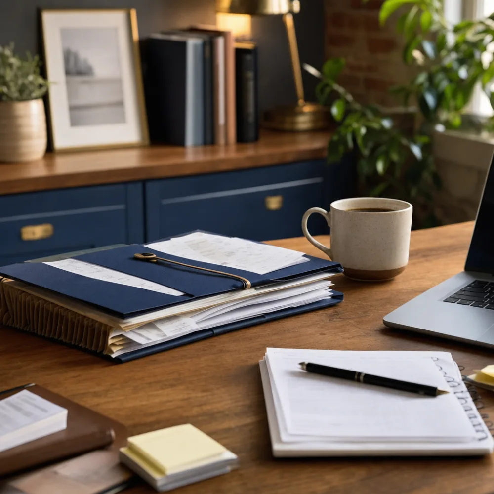 Small-business tax documents and a laptop on a desk at Ledger Lane
